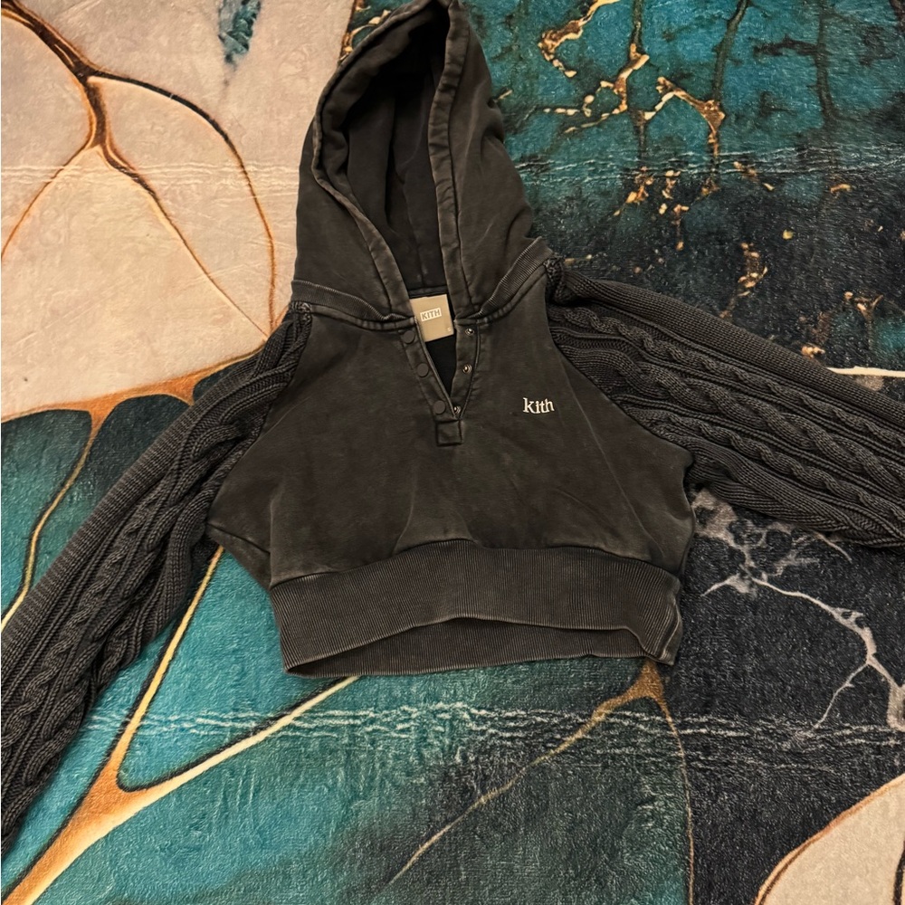 Kith Cropped Hoodie with Cable Knit Sleeves - Navy